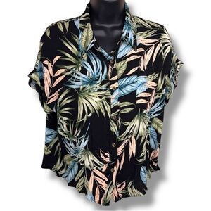 Large Moa Moa Tropical Short Sleeve Stretch Top Hawaiian Womens Button Front